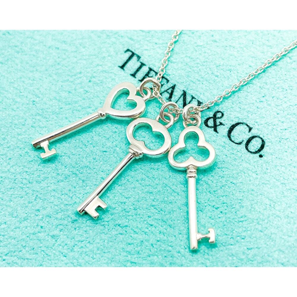 Tiffany & Co. Triple Three Mini Key Pendant Necklace Sterling Silver 16”